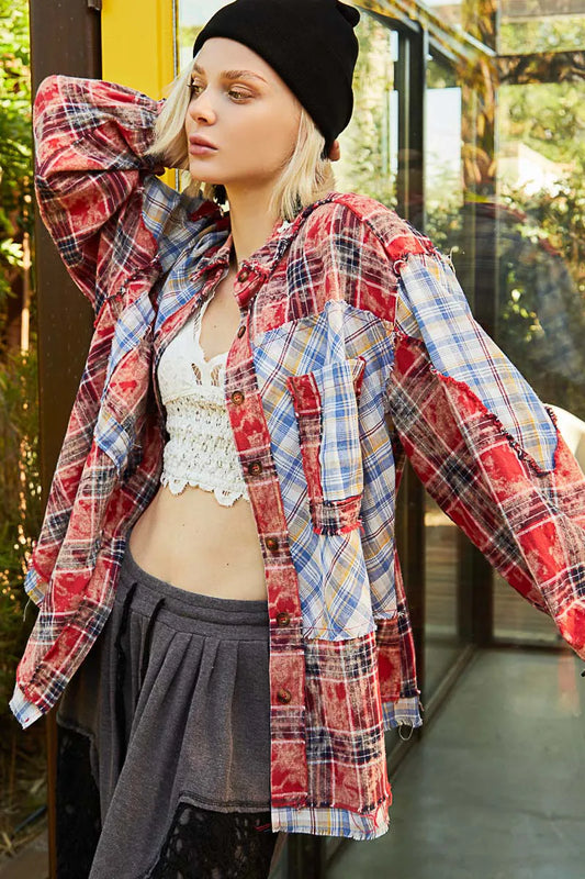 Patchwork Plaid Raw Edge Long Sleeve Shirt