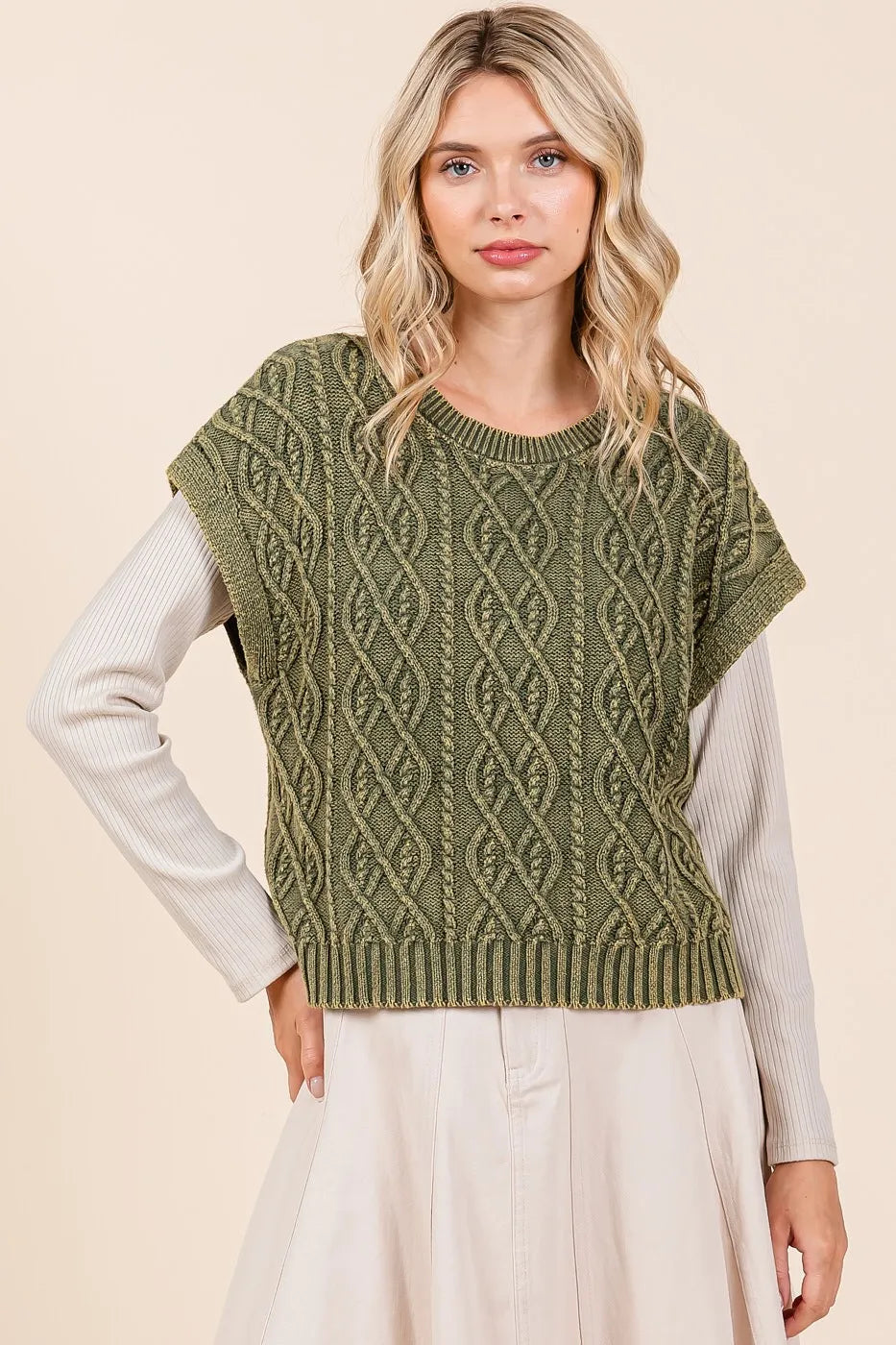 Mineral Wash Cap Sleeve Cable Knit Sweater Top