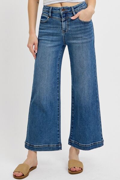 Full Size High Rise Crop Wide Leg Front Yoke Detail Jeans Plus Size