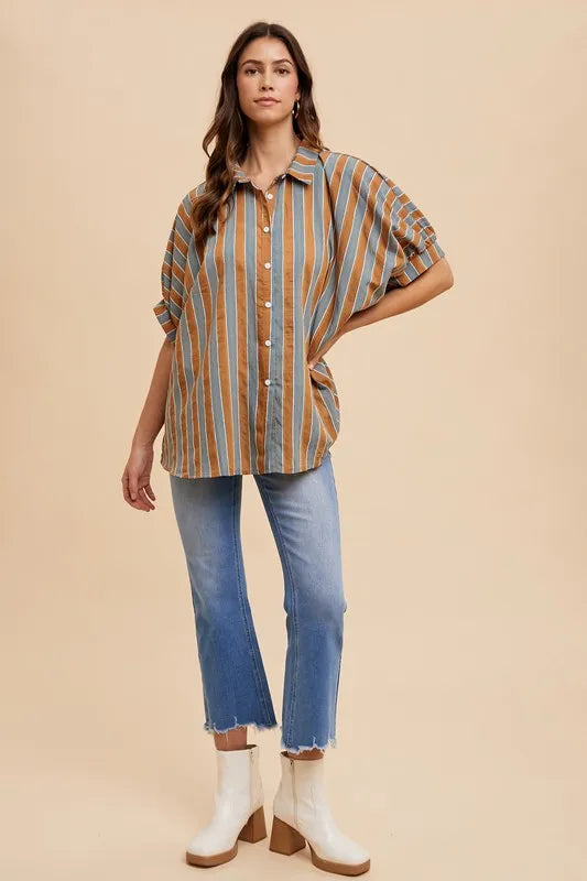 Oversized Drop Shoulder Striped Woven Shirt
