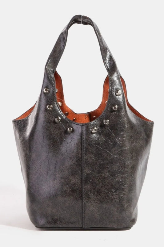 Distressed Leather Studded Tote Handbag