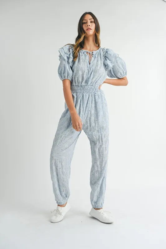 Eyelet Lace Ruffle Shoulder Jumpsuit