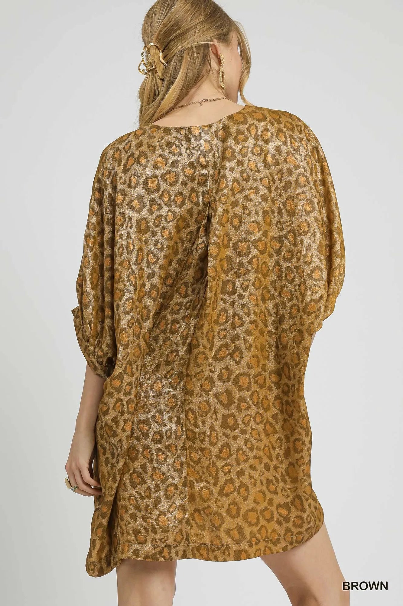 Shimmering Leopard V-Neck Glam Kimono Dress