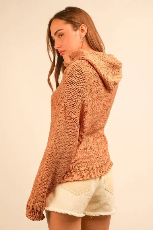 Oversized Openwork Lace Up Hooded Sweater