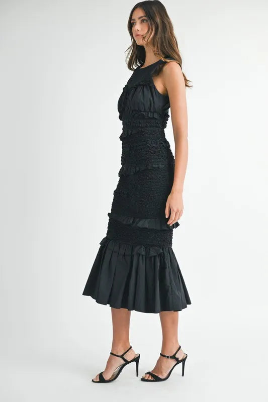 Ruffled Popcorn Smocked Mermaid Midi Dress
