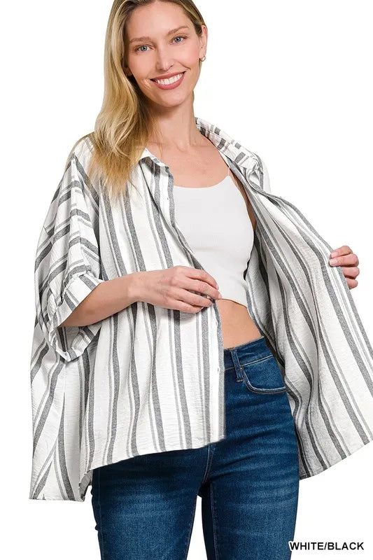 Woven Yarn-Dye Stripe Oversized Button Down Shirt
