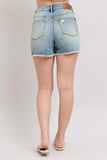 High Rise Washed Fly Stitch Detail and Destroy Denim Shorts