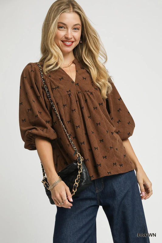 Retro Bow Pattern Balloon Sleeve Corduroy Blouse
