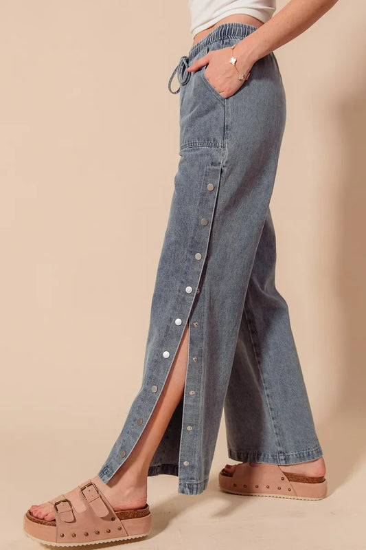 Mid-Rise Drawstring Denim with Snap Side Buttons