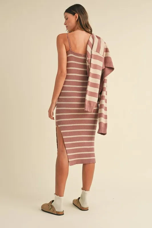 Stripe Crop Cardigan and Bodycon Dress Sweater Set