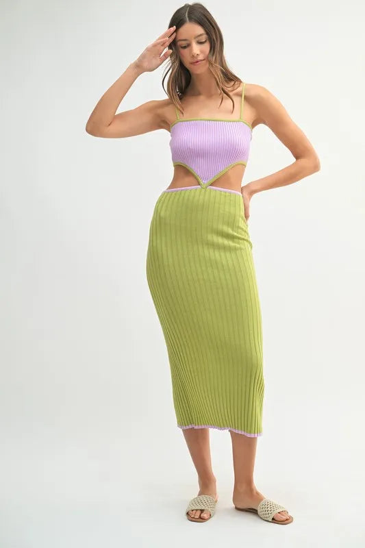 Ribbed Knit Color Block Cutout Midi Dress