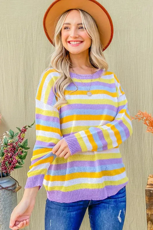 Multi Striped Mesh Pullover Spring Sweater