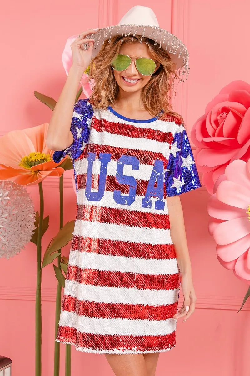 American Flag Theme Usa Print Sequin Dress