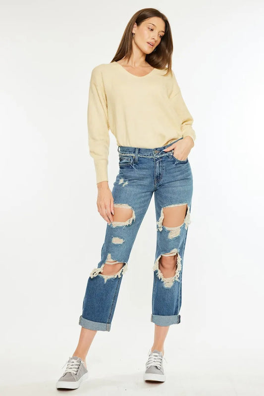 Edgy Mid Rise Relaxed Boyfriend Jeans