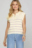 Ribbed Hem Striped Half Zip Sweater Vest