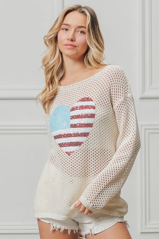 Sequin American Flag Heart Knit Up
