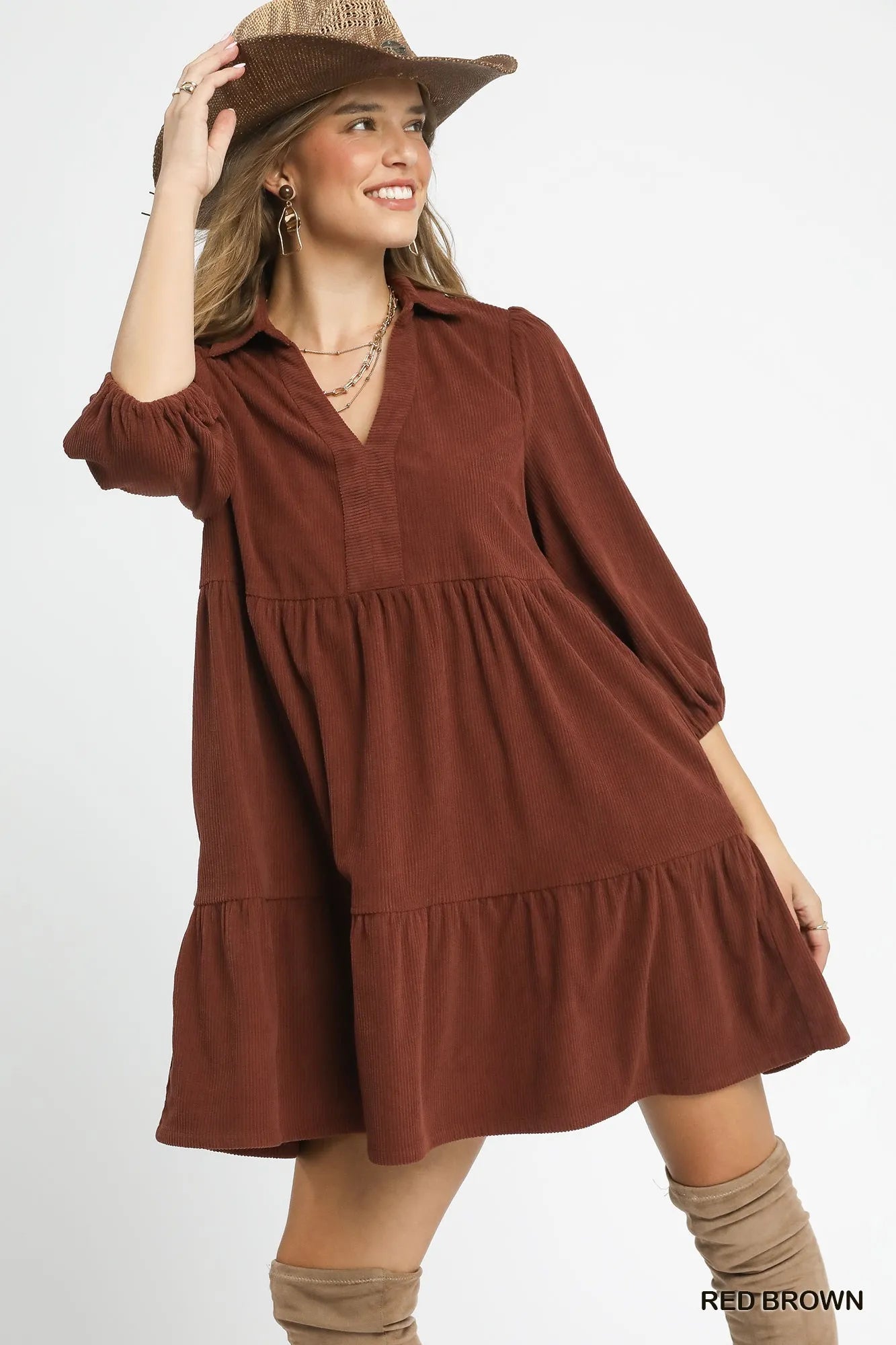 Corduroy Dress with Balloon Sleeves