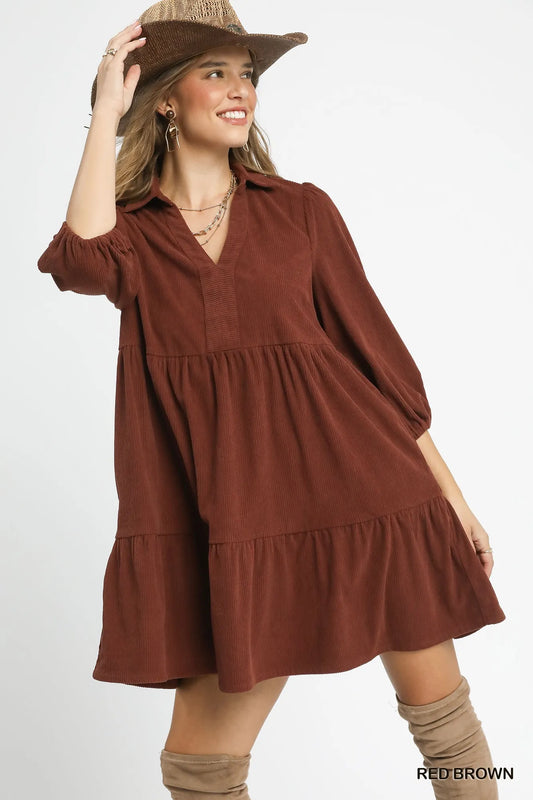 Corduroy Dress with Balloon Sleeves