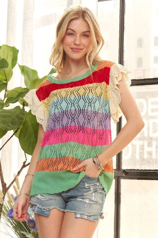 Eyelet Sleeve Multi Color Crochet Top