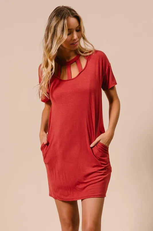 Front Cutout Mini Tee Dress with Pockets