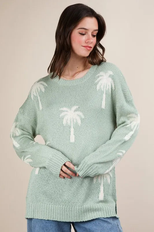 Palm Tree Graphic Oversized Knit Sweater