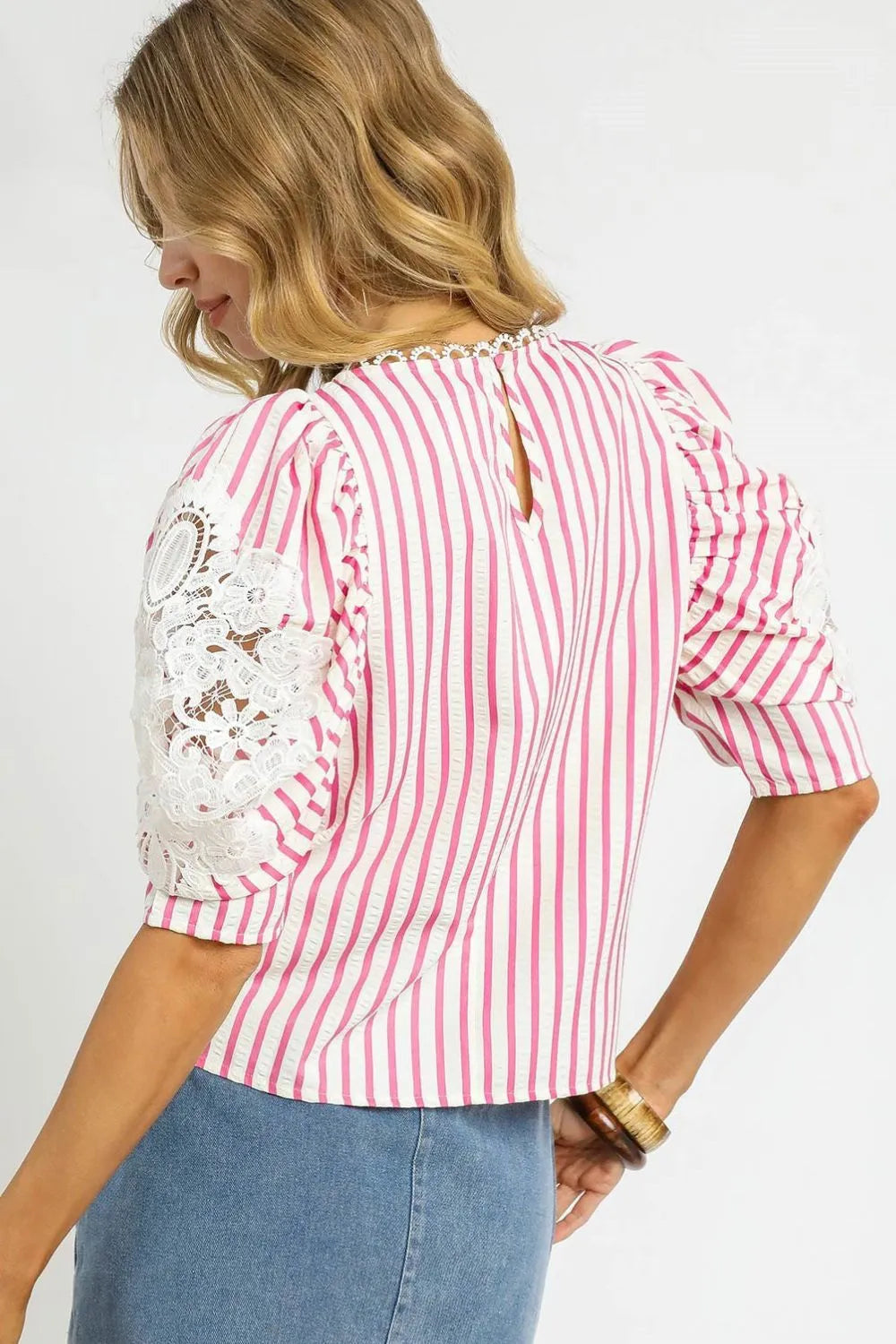 Pink Striped Lace Sleeve Blouse