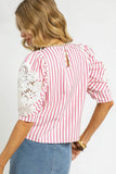 Pink Striped Lace Sleeve Blouse