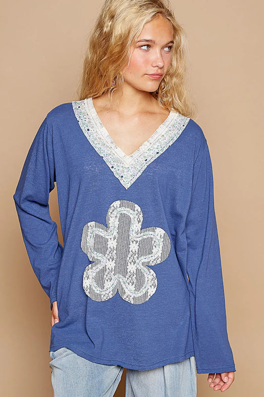 Sequined Fleur-De-Lis Long Sleeve Top