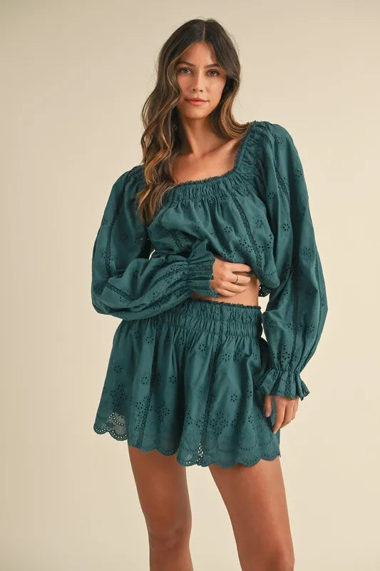 Embroidered Scalloped Lace Top and Short Set