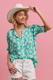 Polka Dot Button-Up Top with Elastic Cuffs