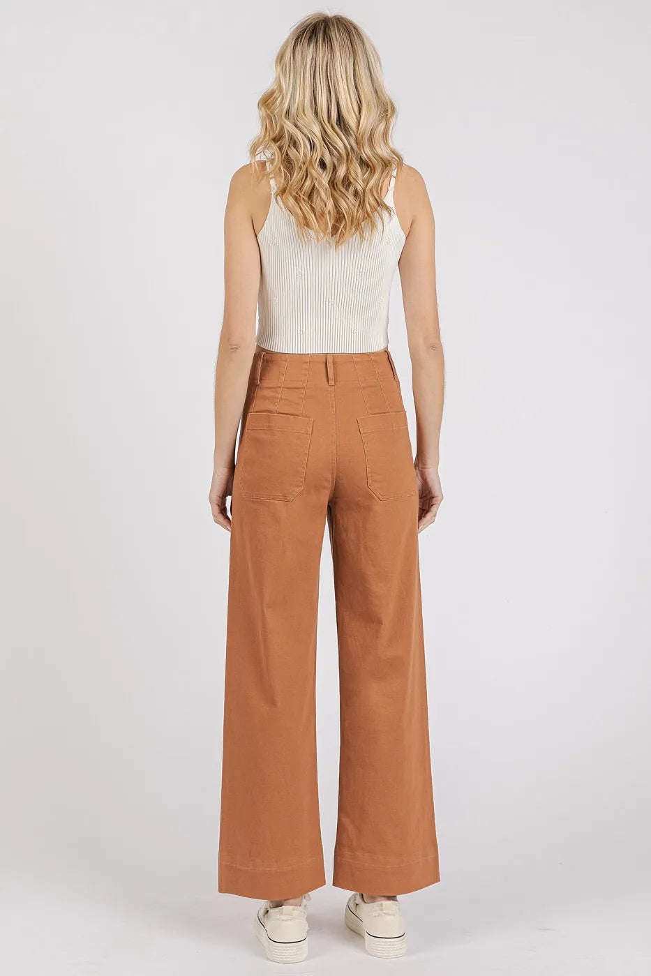 Twill Patch Pocket High Rise Wide Leg Pants