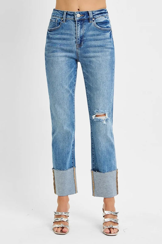Full-Length High Waist Ankle Wide Cuff Jeans