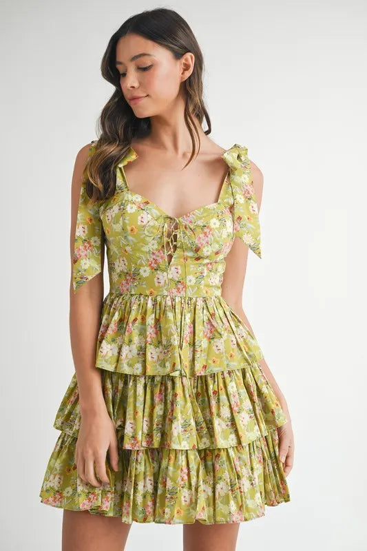 Floral Print Shoulder Tie Layered Mini Dress