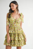 Floral Print Shoulder Tie Layered Mini Dress