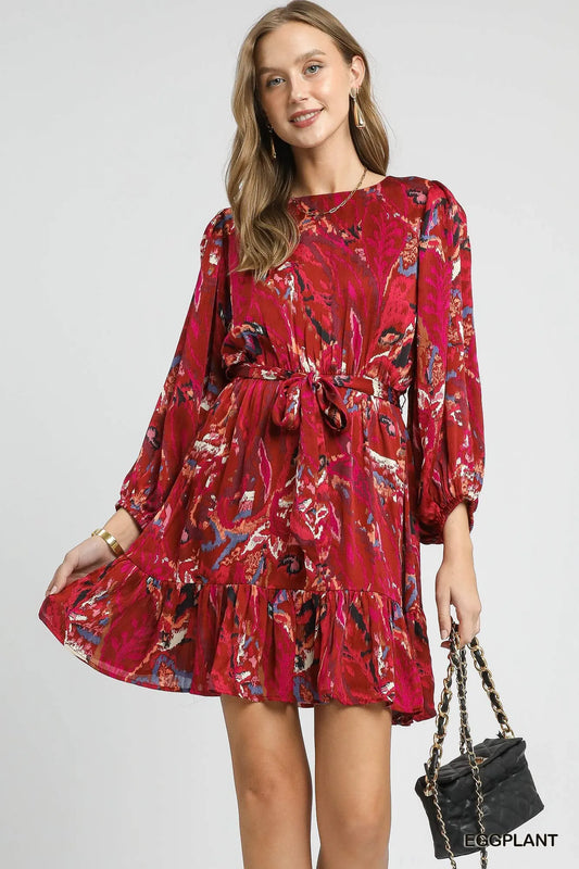 Botanical Balloon Sleeve Ruffle Hem Dress