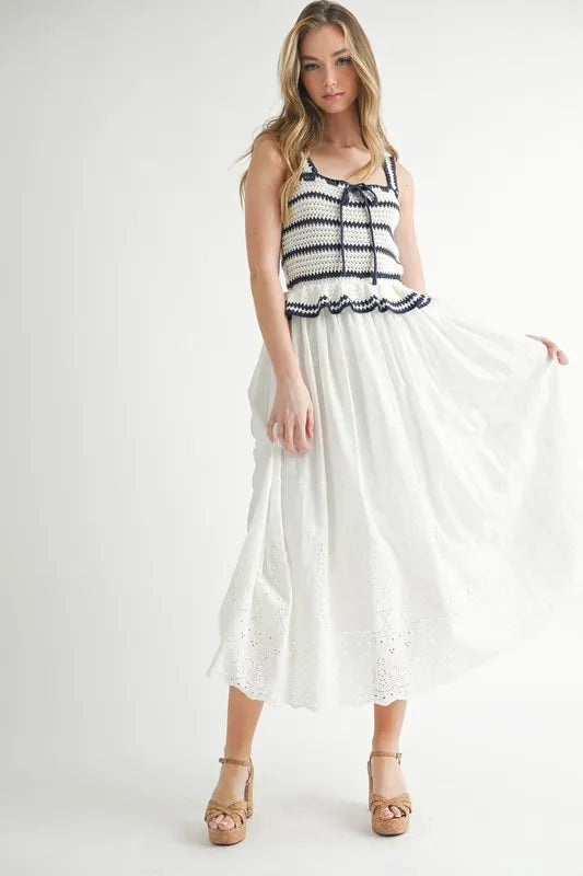 Crochet Stripe Knit Eyelet Mix Midi Dress