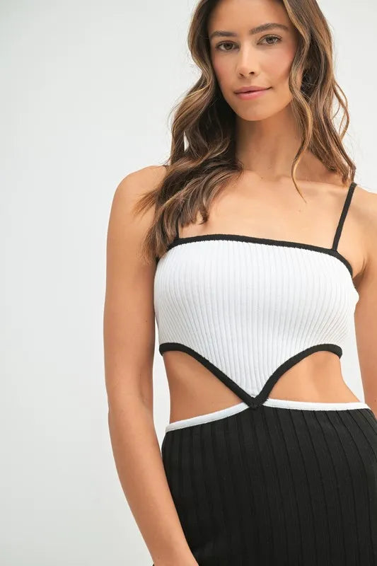 Ribbed Knit Color Block Cutout Midi Dress