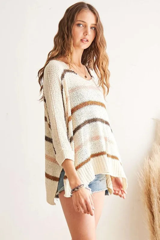 Full Size Multi Color Strip Sweater Plus Size