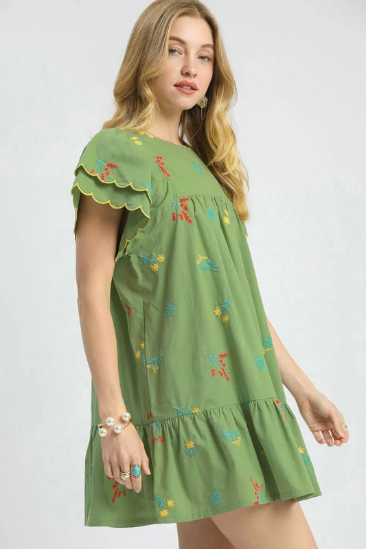 Tropical Embroidered Flutter Sleeve Mini Dress
