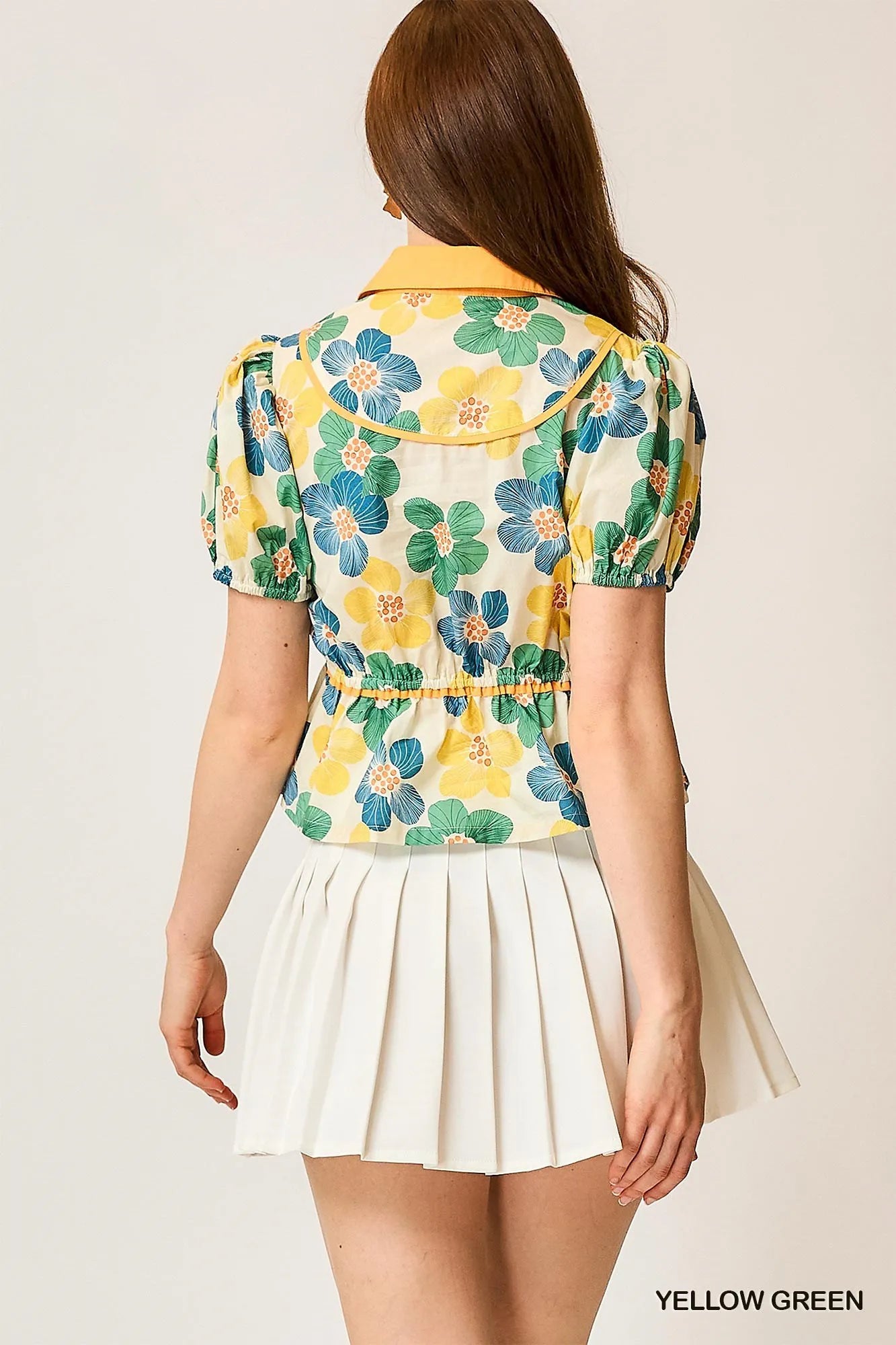 Leafy Pattern Puff Sleeve Cropped Top
