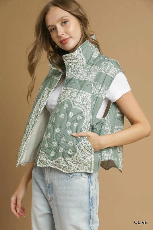 Quilted Bandana-Pattern Puffer Vest