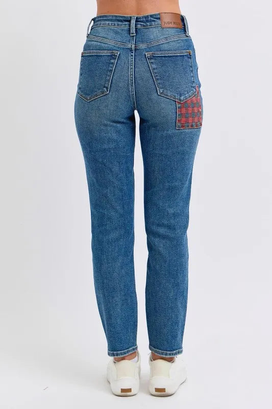 Full Size HW Plaid Patch Slim Fit Jeans Plus Size