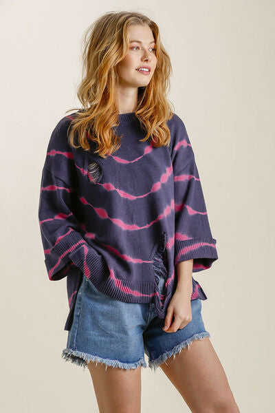 Full Size Tie Dye Side Slit Round Neck Distressed Detail Sweater Plus Size