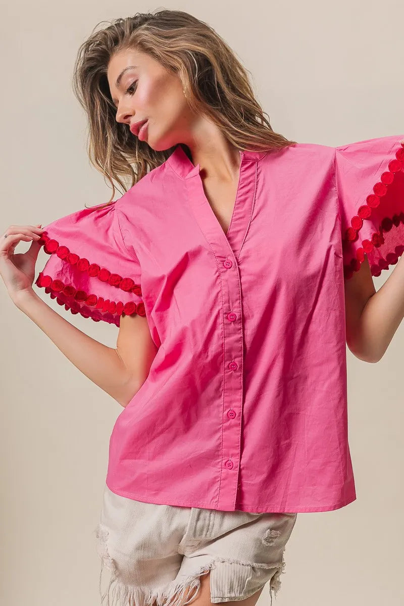 Ruffle Sleeve Button-Up Notched Blouse