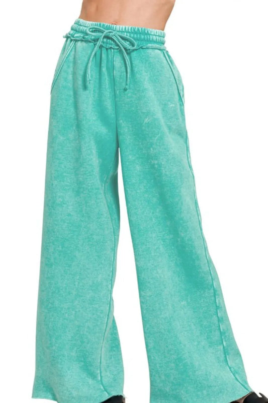 Acid Wash Fleece Palazzo Sweatpants with Pockets