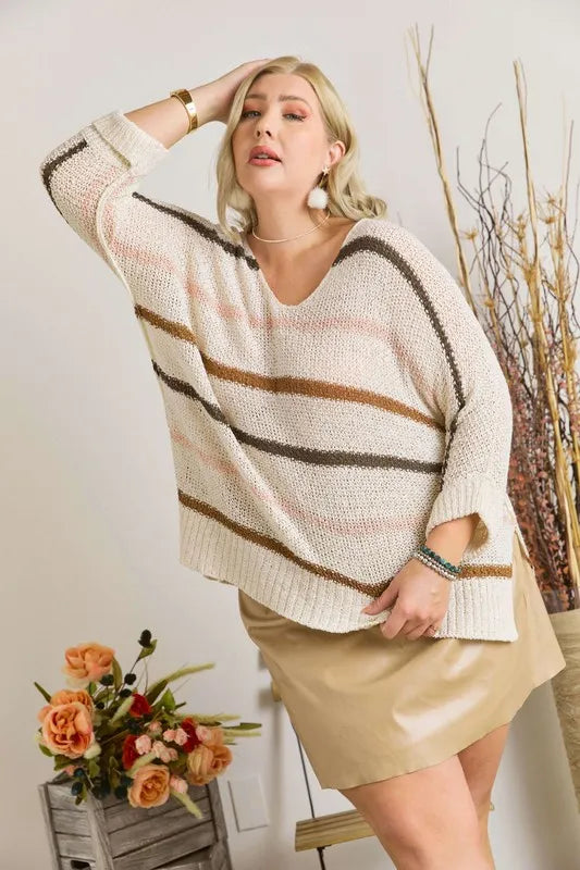 Full Size Multi Color Strip Sweater Plus Size