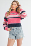Striped Ribbed Neckline Raglan Sleeve Sweater