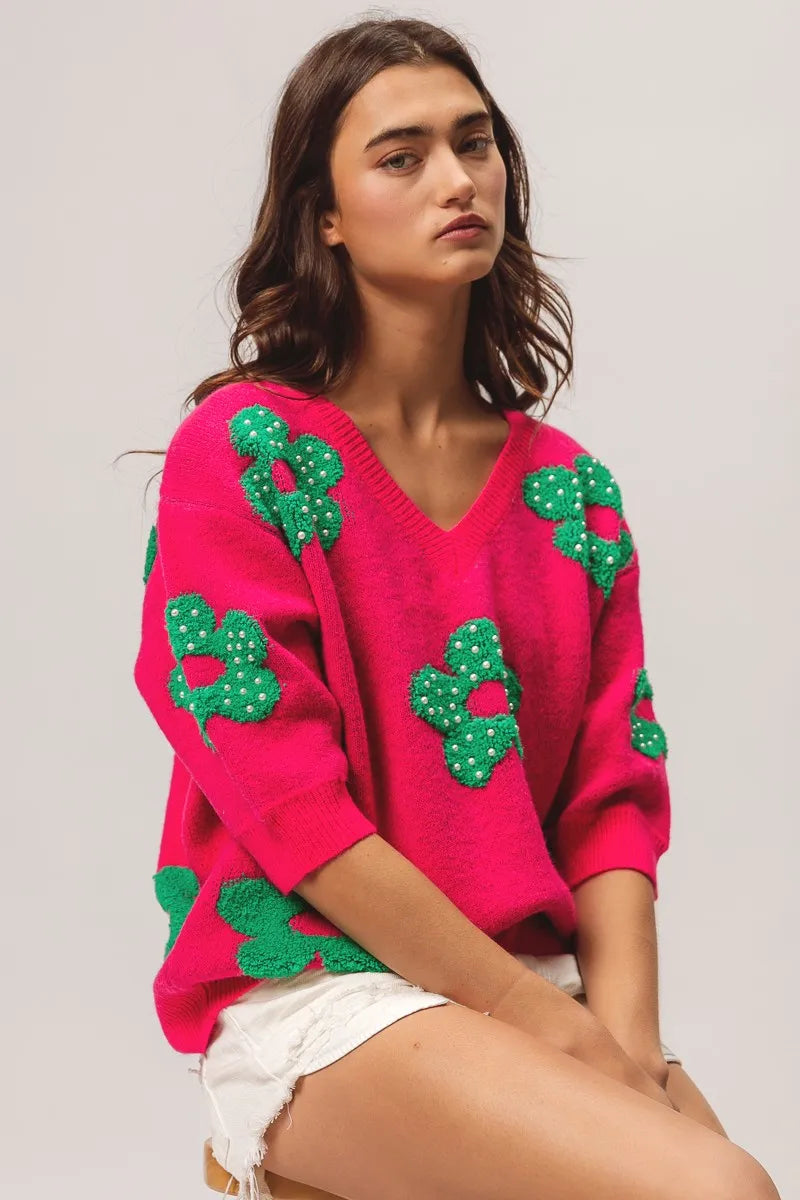 Cactus Knit V-Neck Pullover Sweater