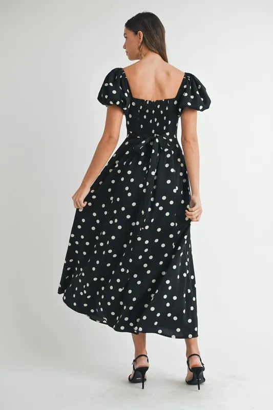 Polka Dot Puff Sleeve Midi Dress