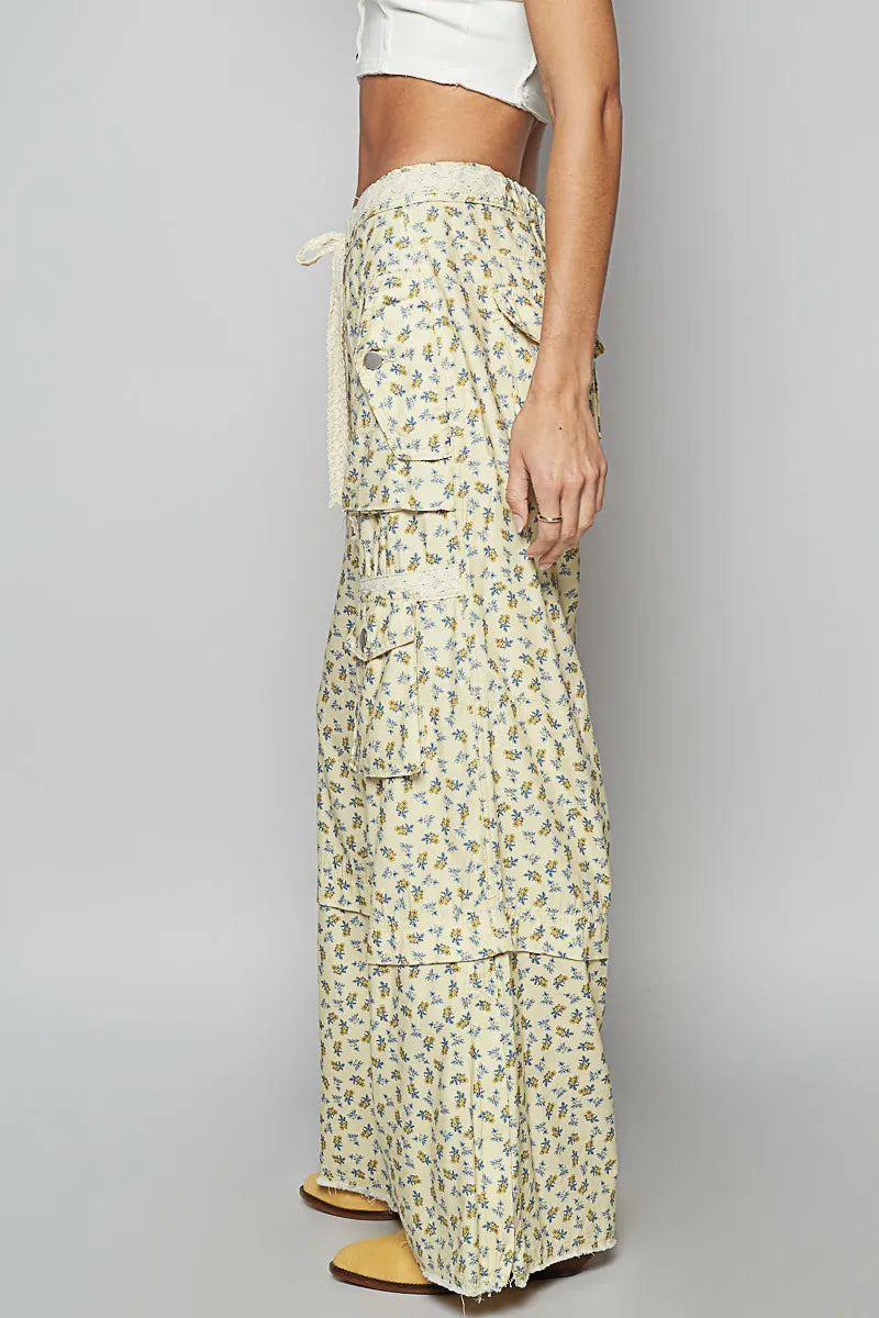 Wide-Leg Floral Cargo Pants with Lace Waist Tie